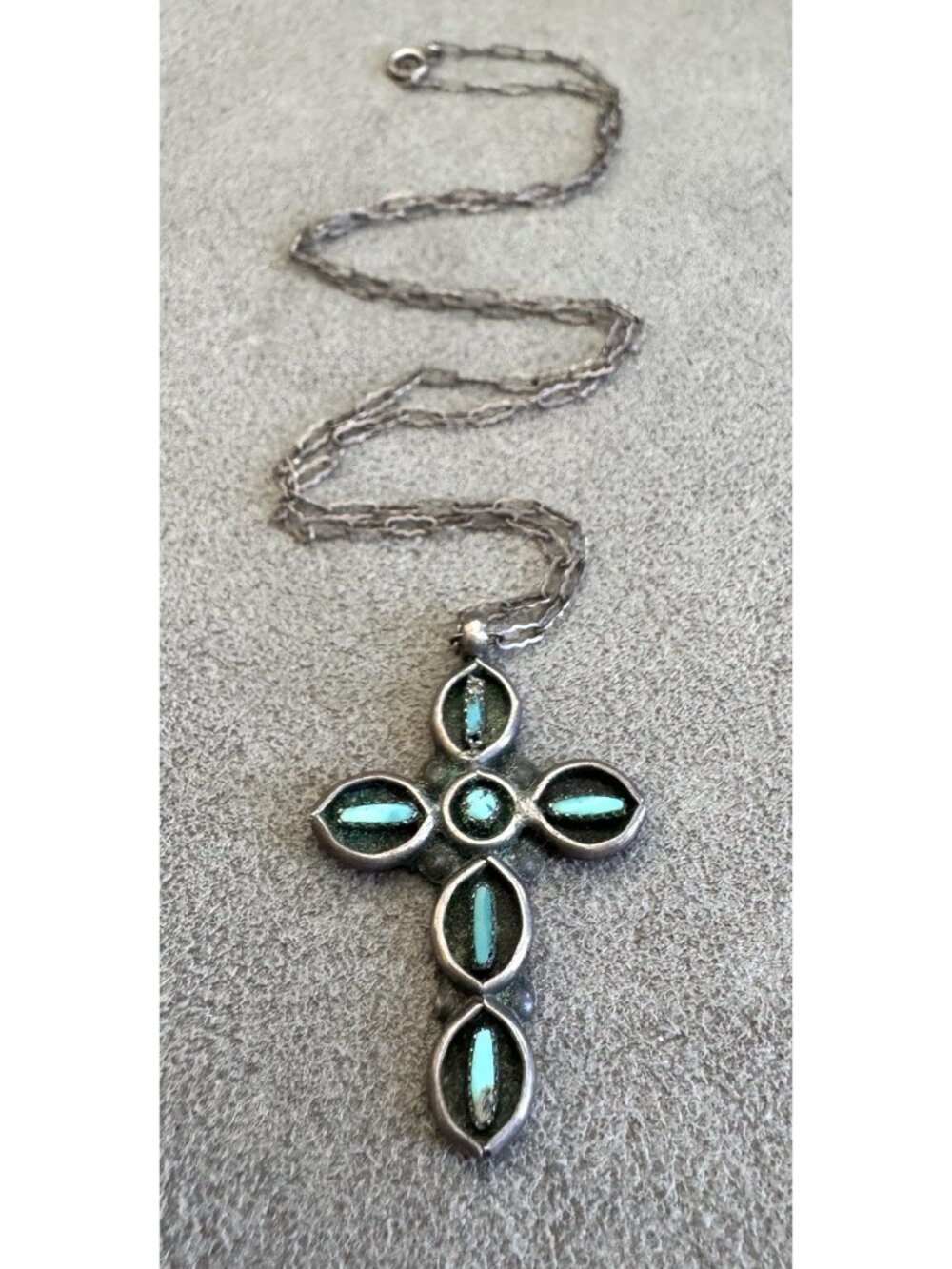 Vtg Zuni TURQUOISE +STERLING Silver CROSS PENDANT Necklace Needlepoint SHADOWBOX